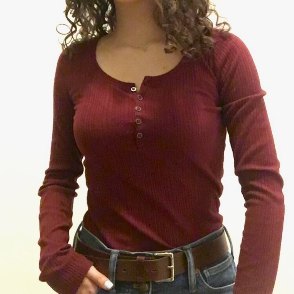 Dark red burgundy button Henley